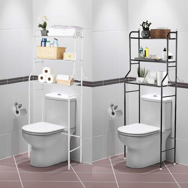 klarako 3 Tier Over The Toilet Shelf, Free Standing Bathroom Toilet Shelf Organizer Metal Storage Rack Space Saver with Hooks, No Drill or Damage to Wall - White - Image 5