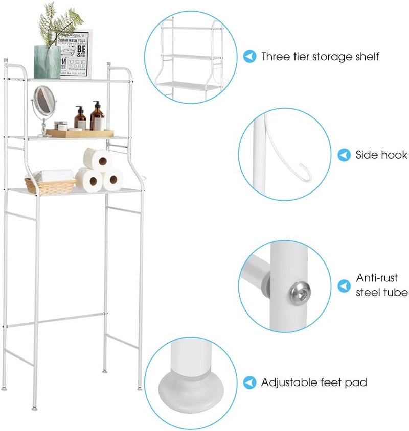 klarako 3 Tier Over The Toilet Shelf, Free Standing Bathroom Toilet Shelf Organizer Metal Storage Rack Space Saver with Hooks, No Drill or Damage to Wall - White - Image 4
