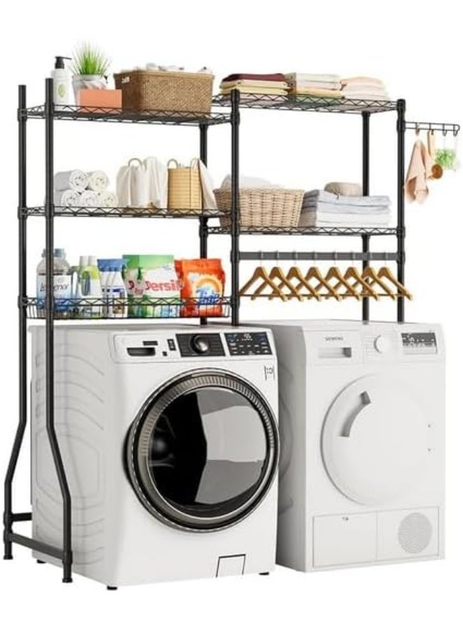 Laundry Room Storage Rack for Washer & Dryer, 5-Tier Adjustable Metal Shelving with Hanging Rod & Hooks, Heavy Duty Over Washer Organizer Shelf, Space Saving Laundry Rack, Black