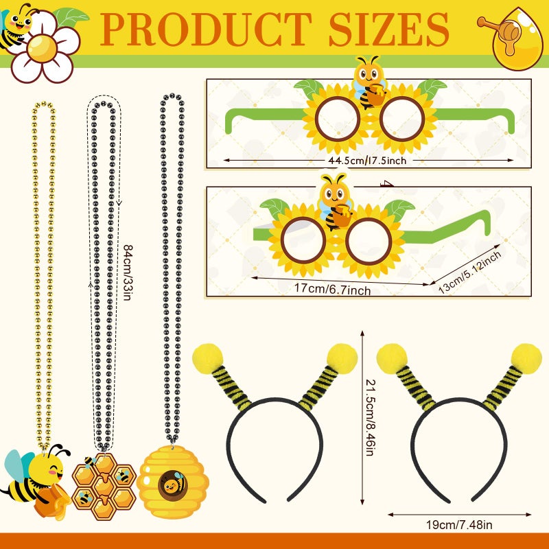 Kingdder 36 Pcs Bee Party Supplies 12 Bee Honeycomb Sunflower Beaded Necklaces 12 Headbands 12 Touchdown Paper Glasses Prop Accessories for Spring Birthday Party Photo Booth Props Summer Decorations - Image 2