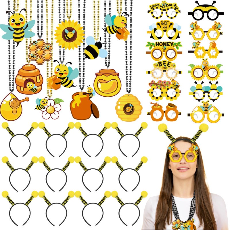 Kingdder 36 Pcs Bee Party Supplies 12 Bee Honeycomb Sunflower Beaded Necklaces 12 Headbands 12 Touchdown Paper Glasses Prop Accessories for Spring Birthday Party Photo Booth Props Summer Decorations - Image 1