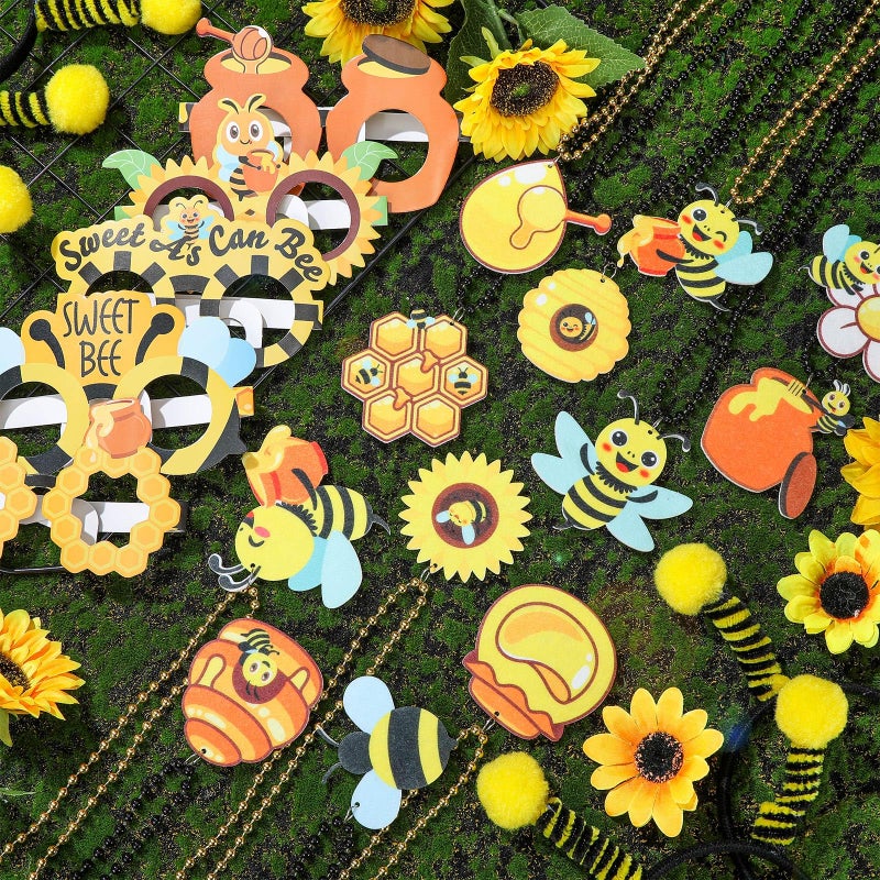 Kingdder 36 Pcs Bee Party Supplies 12 Bee Honeycomb Sunflower Beaded Necklaces 12 Headbands 12 Touchdown Paper Glasses Prop Accessories for Spring Birthday Party Photo Booth Props Summer Decorations - Image 3