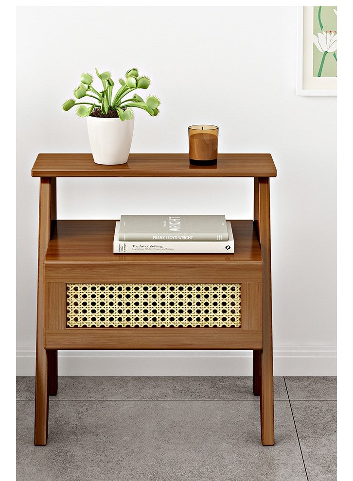 إن كي أكس طاولة سرير متينة وأنيقة مع درج ورف مفتوح باللون البني 50*31*43 سم - Image 1