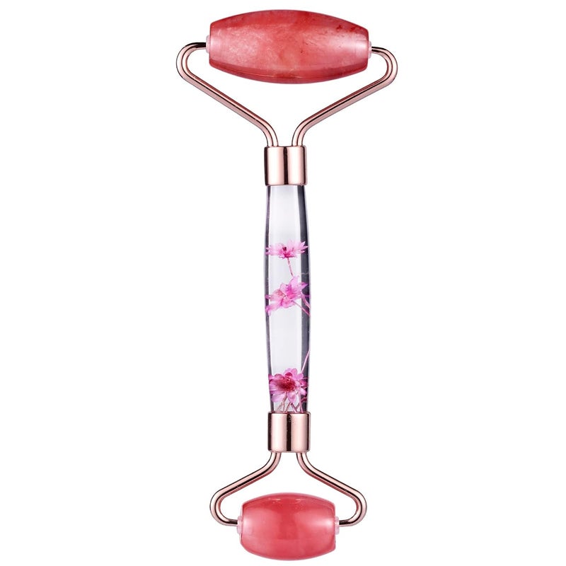 mookaitedecor Cherry Quartz Double Roller Face Massager for Women Crystal Facial Skin Care Tool for Eye Neck  Face AntiAging Treatment Therapy
