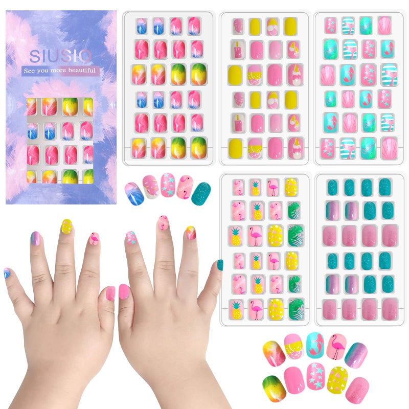 SIUSIO 120 Pcs 5 Pack Children Acrylic Fake Nails Press on Preglue Full Cover Glitter Gradient Color Rainbow Short Sticky Fake Nails Kids Nails Set for Little Girls Colorful Rainbow Series