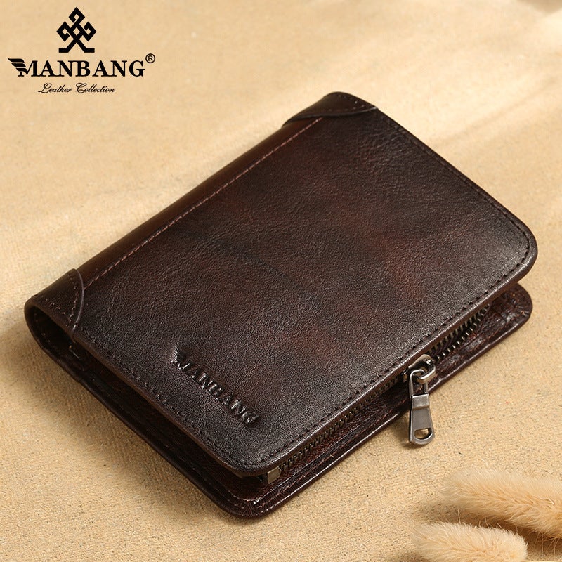 Mens Genuine Leather Wallet Coin Pouch Zipper Card Holder MBQ1767BF rub Brown