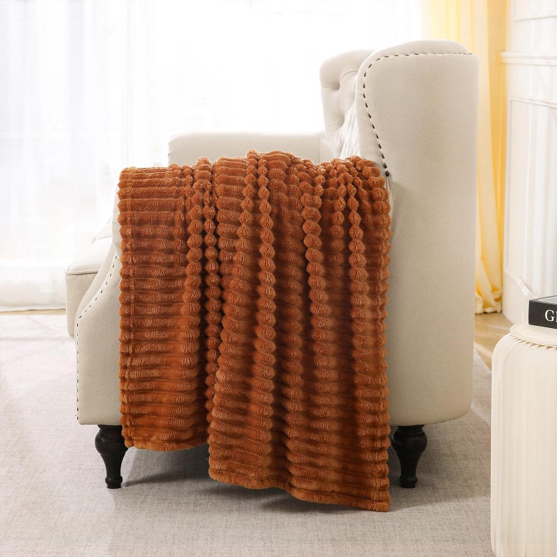 Linecooo Burnt Orange Fleece Throw Blanket 50â€Ã—60â€ for Couch Sofa Bed,Super Soft Cozy Plush Microfiber Flannel Blanket with Stripes Design Lightweight for Adults,Woman,Girls - Image 4