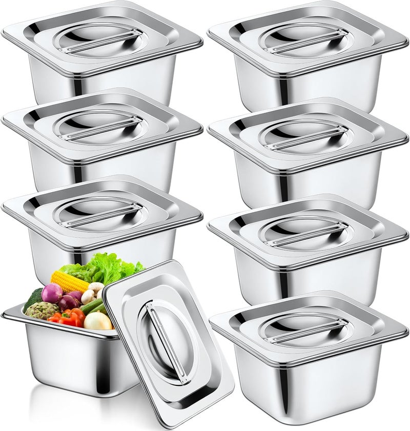 Ziliny 8 Set Stainless Steel Hotel Pans with Lids 1/6 Size 6 Inch Deep Steam Table Pan Stainless Food Storage Containers Stackable Metal Steamer Pan for Kitchen Restaurant Party Buffet Event Catering - Image 1