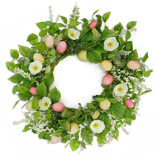 AMF0RESJ Artificial Easter Wreaths for Front Door Spring Summer Wreath with Poppy FlowerColorful EggsGreen Leaves for Front Door Indoor Outdoor Farmhouse Home Wall Window Festival Wedding Decor - Image 1