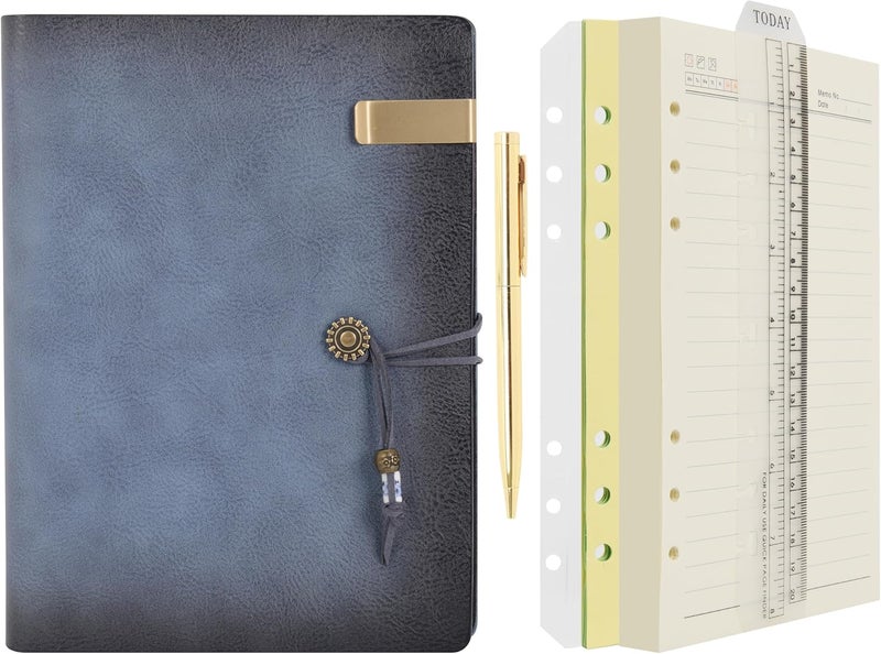 WONDERPOOL Leather Journal Lined Paper Notebook & Pen - Refillable 6 Ring Binder Writing Spiral Diary with Ruled Notepads Vintage Cover for Office Travel Work and Plan Agenda (a-Mist blue, A5) - Image 1