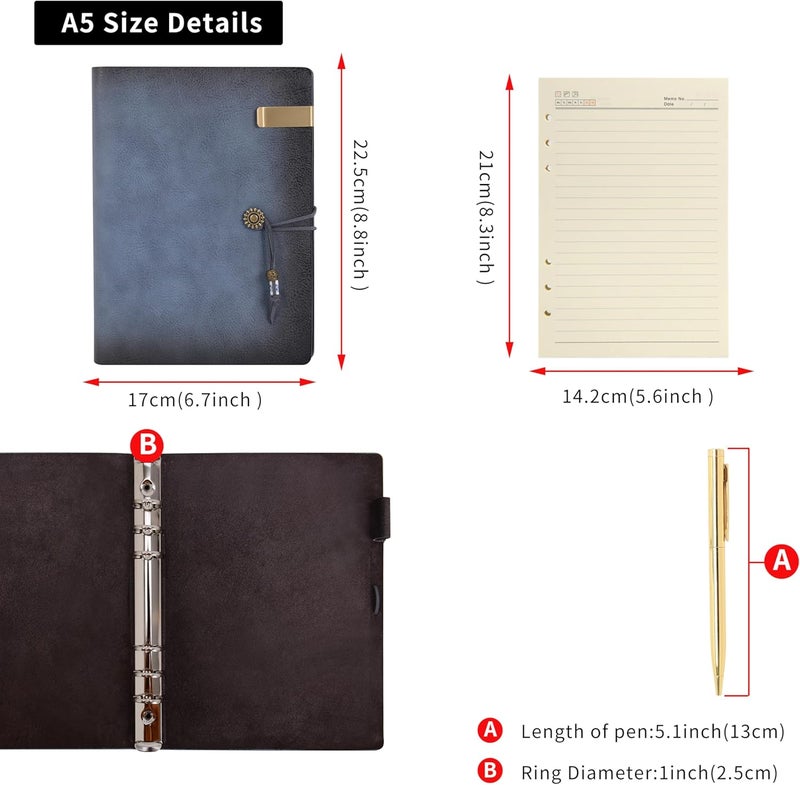 WONDERPOOL Leather Journal Lined Paper Notebook & Pen - Refillable 6 Ring Binder Writing Spiral Diary with Ruled Notepads Vintage Cover for Office Travel Work and Plan Agenda (a-Mist blue, A5) - Image 2