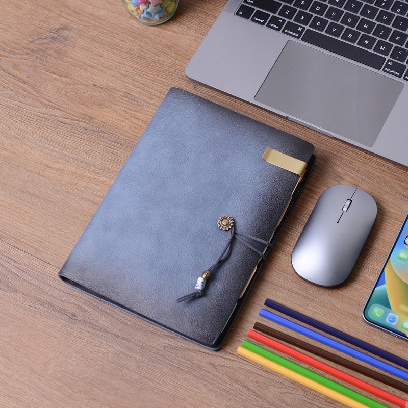 WONDERPOOL Leather Journal Lined Paper Notebook & Pen - Refillable 6 Ring Binder Writing Spiral Diary with Ruled Notepads Vintage Cover for Office Travel Work and Plan Agenda (a-Mist blue, A5) - Image 4