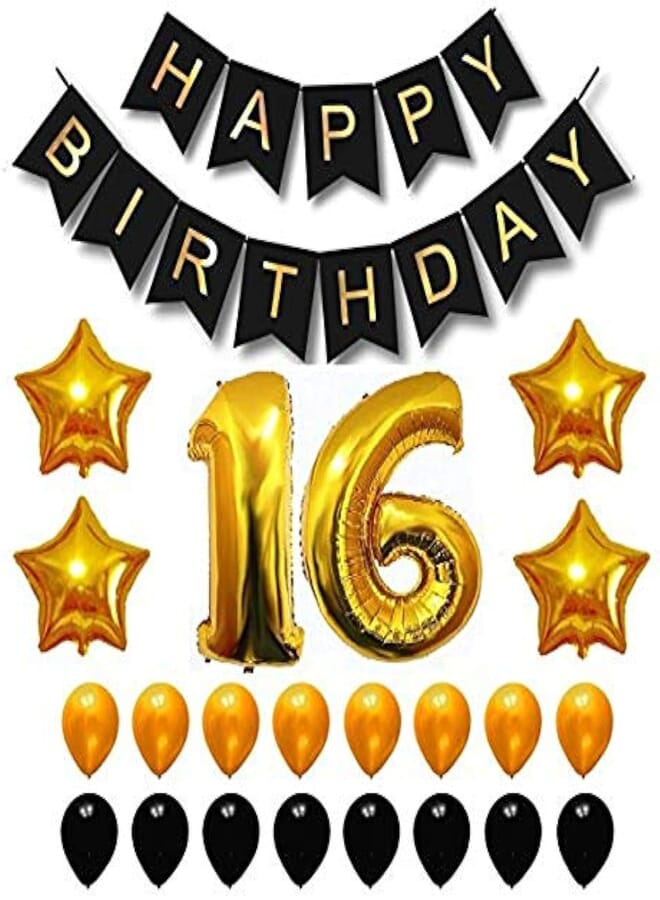 Theme My Party Happy Birthday Party Balloons, Supplies & Decorations Set, Black & Gold (16th Year)