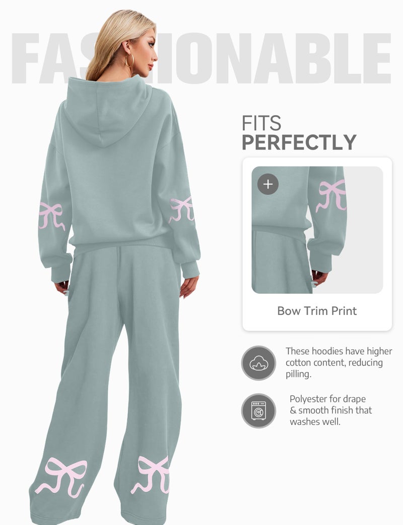 Livtany Women's 2 Piece Outfits Bow Trim Print Hoodie Sweatsuit Sets Oversized Sweatshirt Wide Leg Sweatpants With Pockets - Image 3