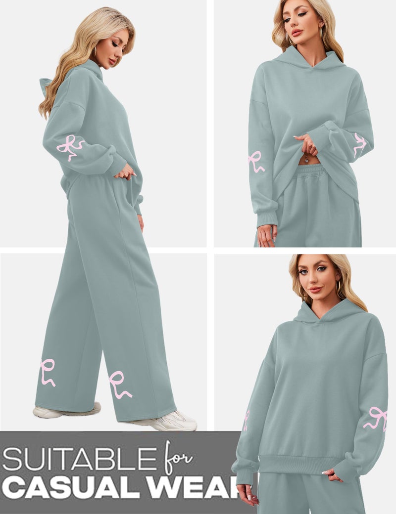 Livtany Women's 2 Piece Outfits Bow Trim Print Hoodie Sweatsuit Sets Oversized Sweatshirt Wide Leg Sweatpants With Pockets - Image 2