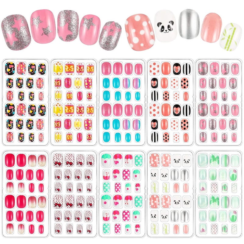 240 Pieces False Nails Kids Girls Press on Short Artificial Fake Nails Cute Pre Glue Full Cover Acrylic Nail Tip Kit for Children Little Girls Nail Decoration, 10 Boxes (Colorful Bows)