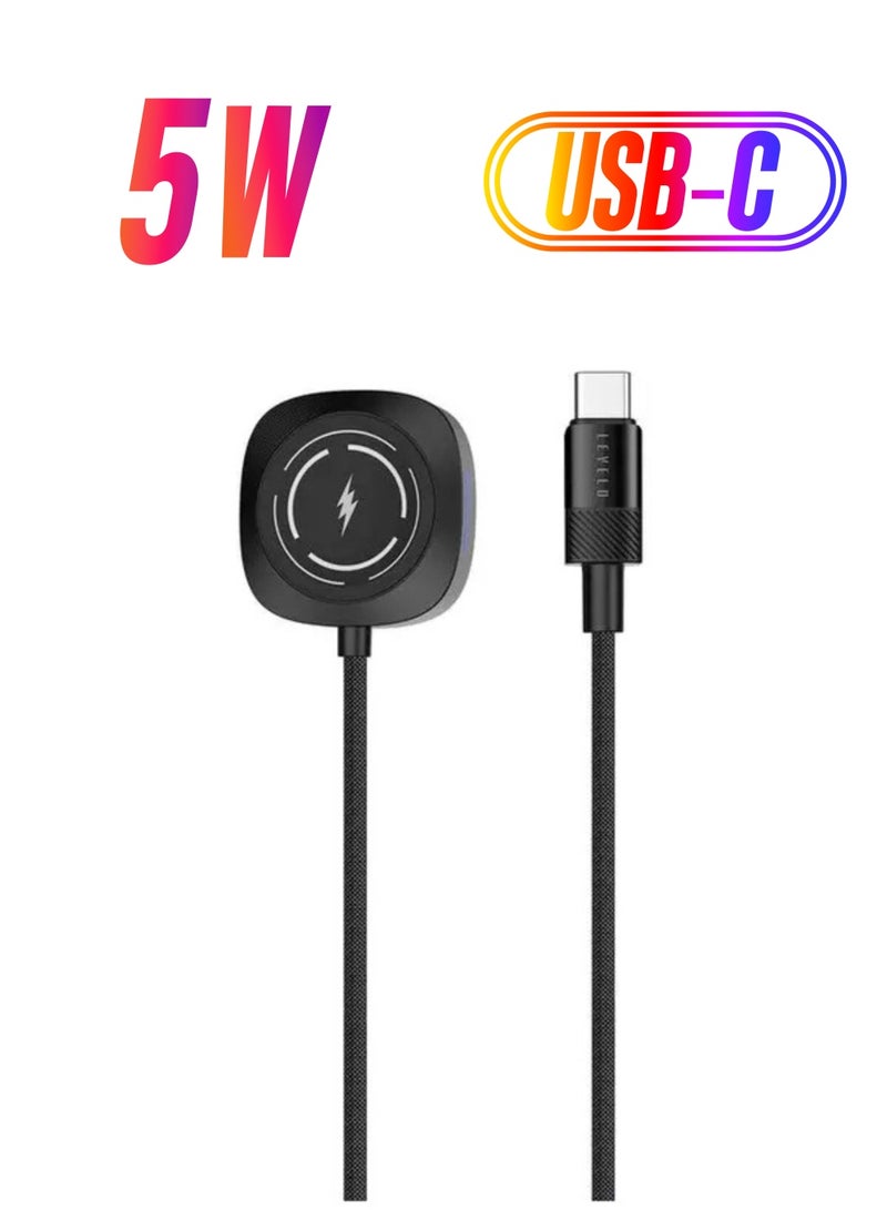 LEVELO Otto Type C Apple Watch Wireless Charger Cable, Fast Charging, Tangle Free, Aluminum Alloy + Plastic Shell Material, 1.2m Cable Length - Black - Image 1