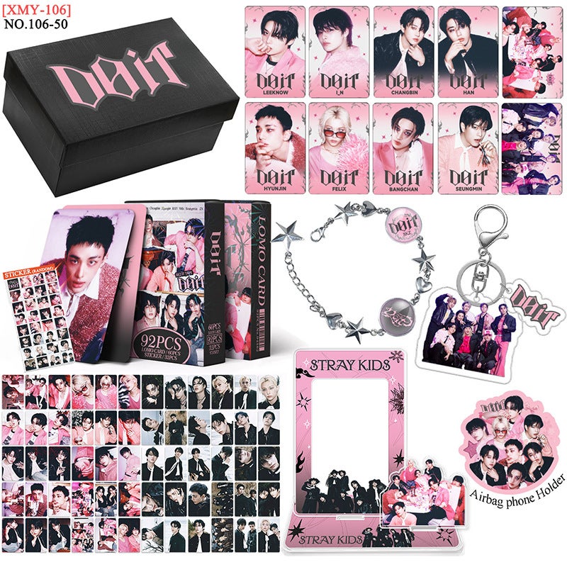 STRAYKIDS Inspired Gift Box Set – K-pop LOMO Cards + Zinc Alloy Bracelet + Standee + Photo Frame + Keychain + Card, Fan Merch Collectible Kit