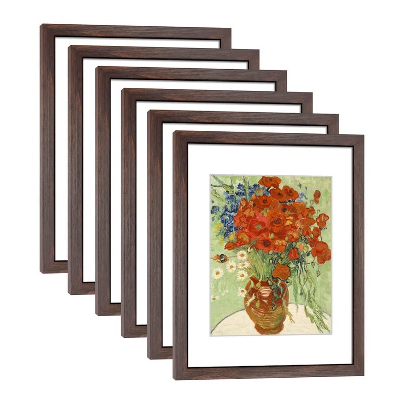 DEKWINN 11x14 Picture Frame Set of 6 for Pictures 8x10 with Mat or 11x14 Without Mat Wall or Tabletop Gallery Photo Frames Walnut