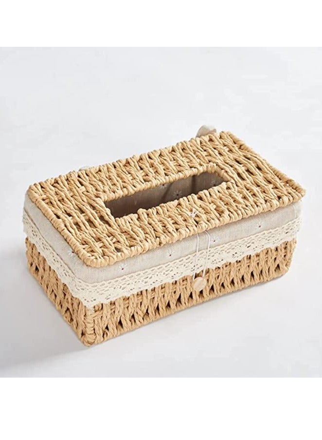 FFD Rattan Woven Tissue Box Rectangular Tissue Box with Cover, Vintage Napkin Pumping Paper Case,Facial Tissues Box Tissue Box Holder for Car Bathroom Vanity Countertops Desktop Office  - Image 1