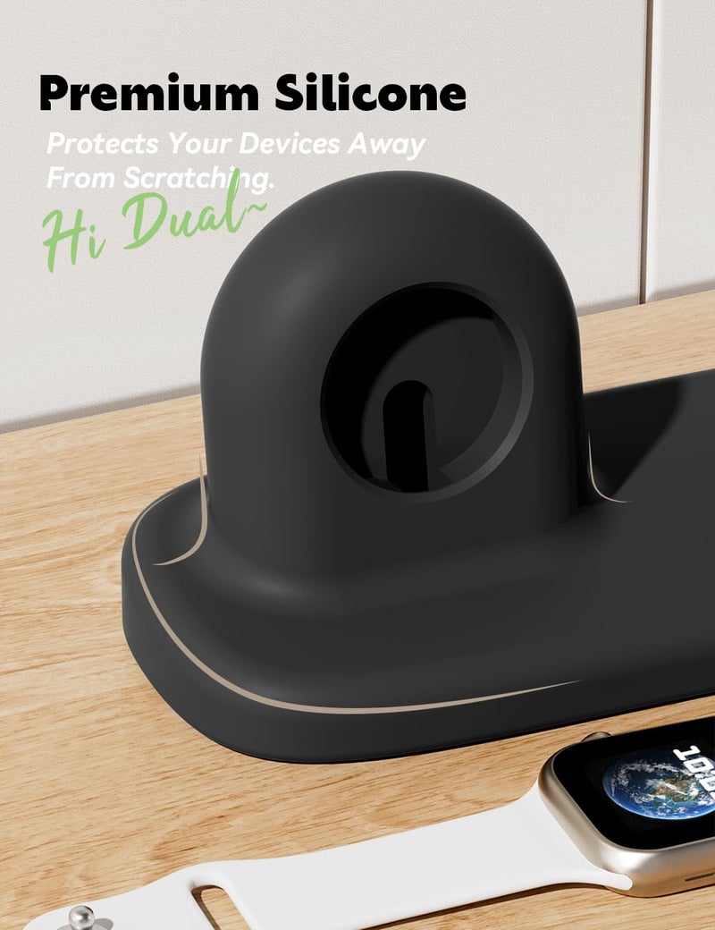 ELETIUO Dual Charger Stand Compatible with Apple Watch Series 49/46/45/44/42/41/40/38mm iWatch Ultra2/Ultra/10/9/8/SE2/7/6/SE/5/4/3/2/1,Silicone Dock Organizer Supports Night Stand Mode,Black - Image 5