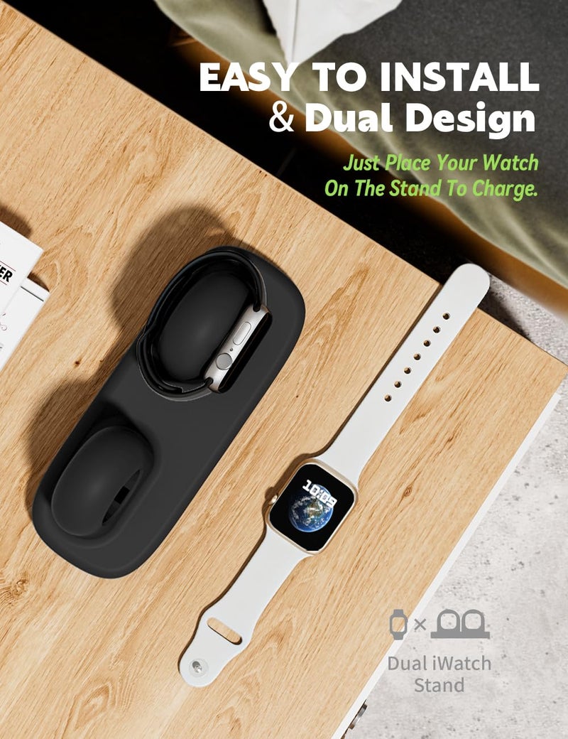 ELETIUO Dual Charger Stand Compatible with Apple Watch Series 49/46/45/44/42/41/40/38mm iWatch Ultra2/Ultra/10/9/8/SE2/7/6/SE/5/4/3/2/1,Silicone Dock Organizer Supports Night Stand Mode,Black - Image 3