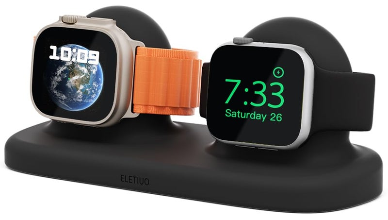 ELETIUO Dual Charger Stand Compatible with Apple Watch Series 49/46/45/44/42/41/40/38mm iWatch Ultra2/Ultra/10/9/8/SE2/7/6/SE/5/4/3/2/1,Silicone Dock Organizer Supports Night Stand Mode,Black - Image 1