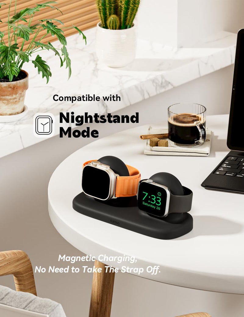ELETIUO Dual Charger Stand Compatible with Apple Watch Series 49/46/45/44/42/41/40/38mm iWatch Ultra2/Ultra/10/9/8/SE2/7/6/SE/5/4/3/2/1,Silicone Dock Organizer Supports Night Stand Mode,Black - Image 2