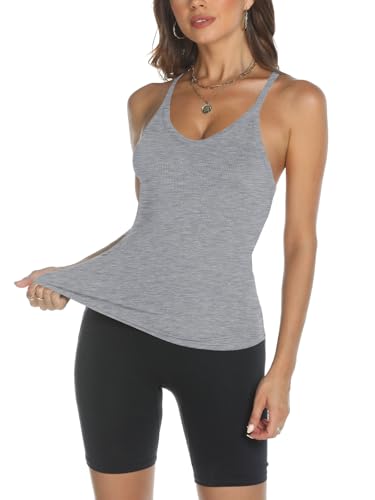 Trendy Queen Womens Workout Tank Tops Racerback Summer 2025 Camisole Top V Neck Ribbed Sleeveless Beach Fashion Clothes Grey M - Image 5