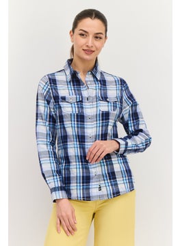 Burnside Women Pointed Collar Long Sleeve Plaid Shirts, Blue Combo  - Image 1