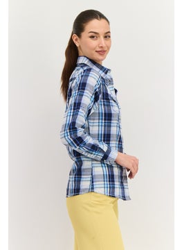 Burnside Women Pointed Collar Long Sleeve Plaid Shirts, Blue Combo  - Image 2