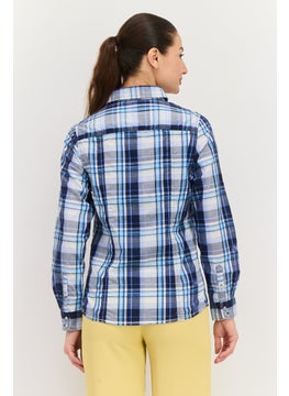 Burnside Women Pointed Collar Long Sleeve Plaid Shirts, Blue Combo  - Image 3