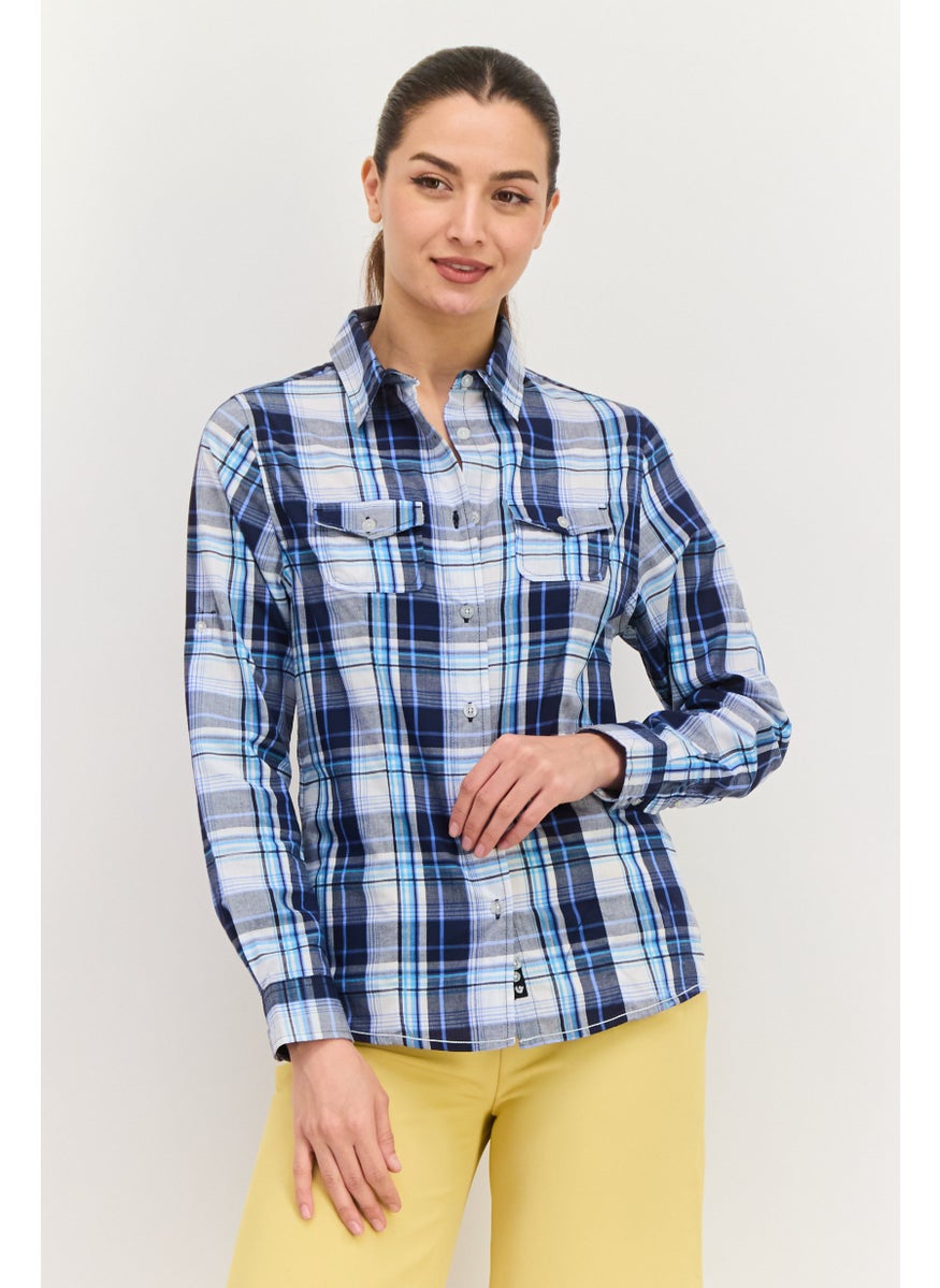 Burnside Women Pointed Collar Long Sleeve Plaid Shirts, Blue Combo  - Image 1