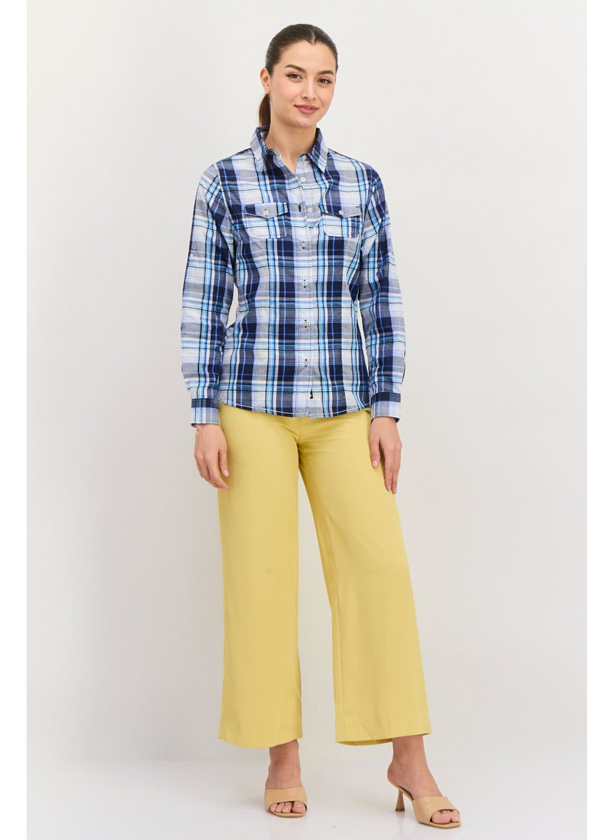 Burnside Women Pointed Collar Long Sleeve Plaid Shirts, Blue Combo  - Image 4