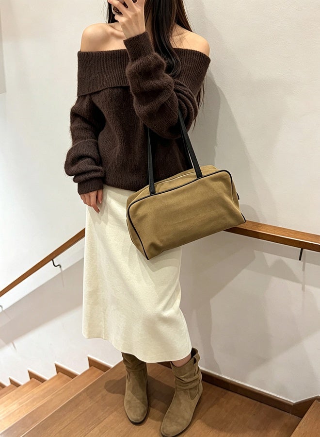 Canvas Bowling Bag, Leather Spliced Tote, Elegant Long Handle Shoulder Underarm Purse for Women, Gift for Her - Image 5