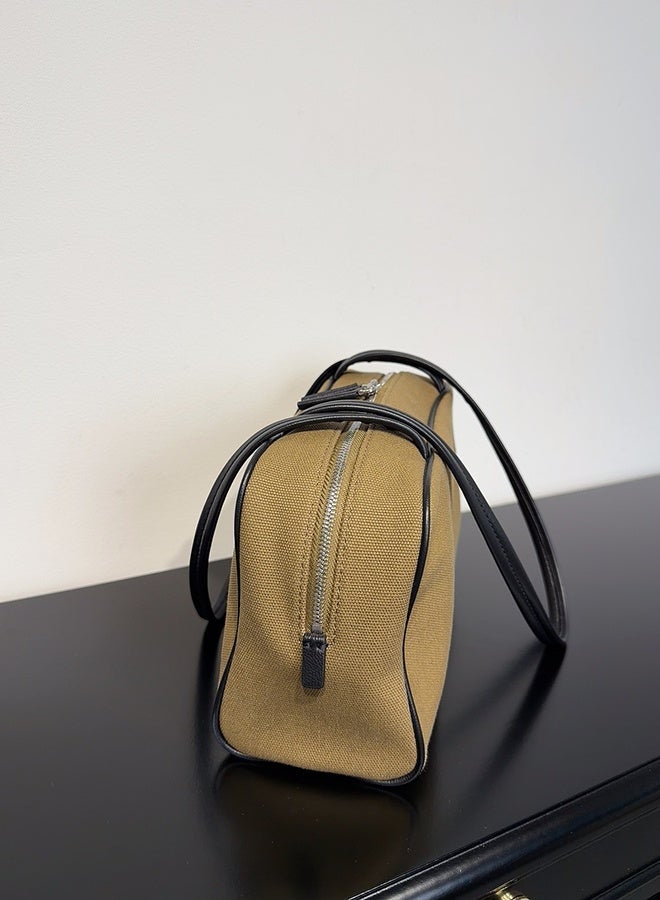 Canvas Bowling Bag, Leather Spliced Tote, Elegant Long Handle Shoulder Underarm Purse for Women, Gift for Her - Image 2