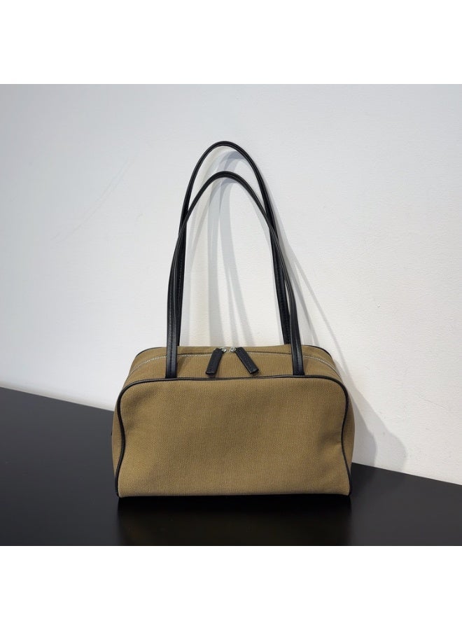 Canvas Bowling Bag, Leather Spliced Tote, Elegant Long Handle Shoulder Underarm Purse for Women, Gift for Her - Image 1
