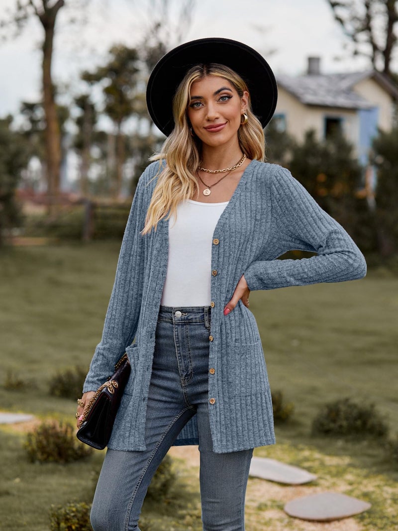Witsmile Womenâ€™s 2024 Fall Fashion Cardigan Lightweight Soft Knit Cardigan for Women Long Sleeve Open Front Coat with Pockets(Grayish Blue, Medium) - Image 3