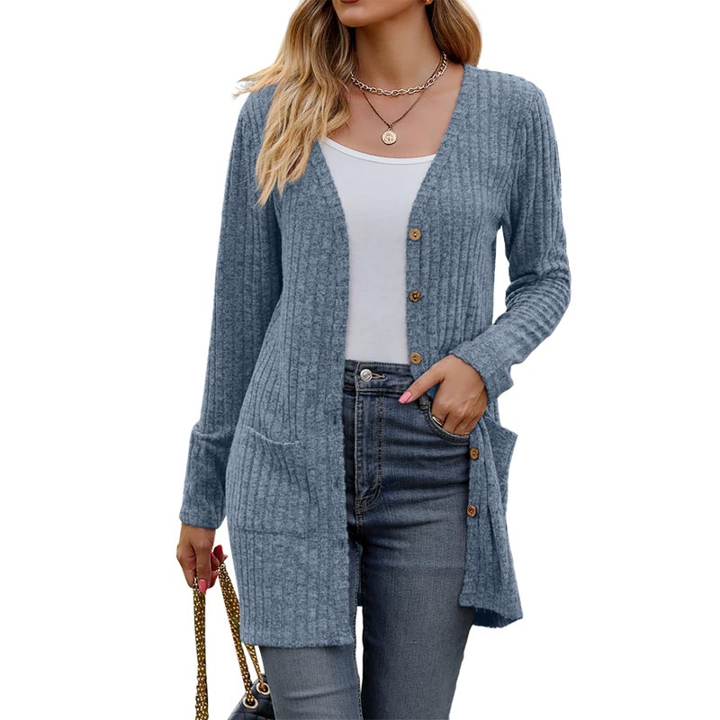 Witsmile Womenâ€™s 2024 Fall Fashion Cardigan Lightweight Soft Knit Cardigan for Women Long Sleeve Open Front Coat with Pockets(Grayish Blue, Medium) - Image 1