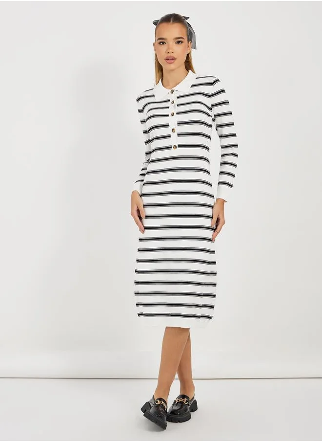 Styli Striped Long Sleeves Sweater Midi Dress