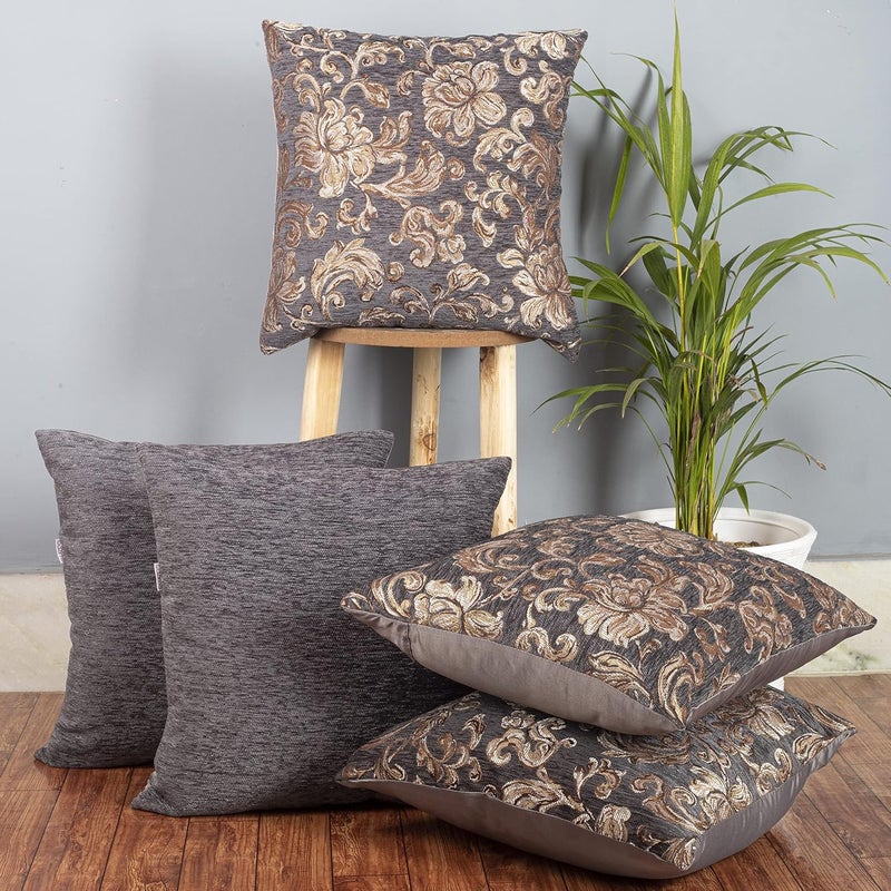 CAZIMO Jacquard Soft Velvet Floral Cushion Covers | Hypo-Allergenic | Washable | Non-Fade Diwan Sofa Pillow Covers for Home Bed & Living Room (Size - 16 X16 Inches, Color - Grey) - Set of 5 Pcs - Image 1
