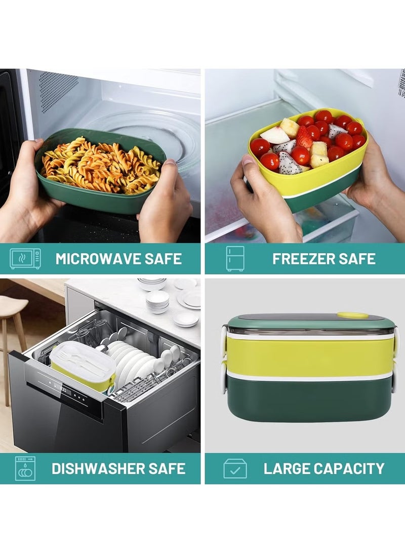 صندوق غداء بينتو 2 قسم للأطفال والكبار - حاوية طعام محمولة خالية من BPA، مقاوم للتسرب وآمن للميكروويف وغسالة الأطباق للمدرسة والمكتب (أخضر/متعدد الألوان) - Image 5