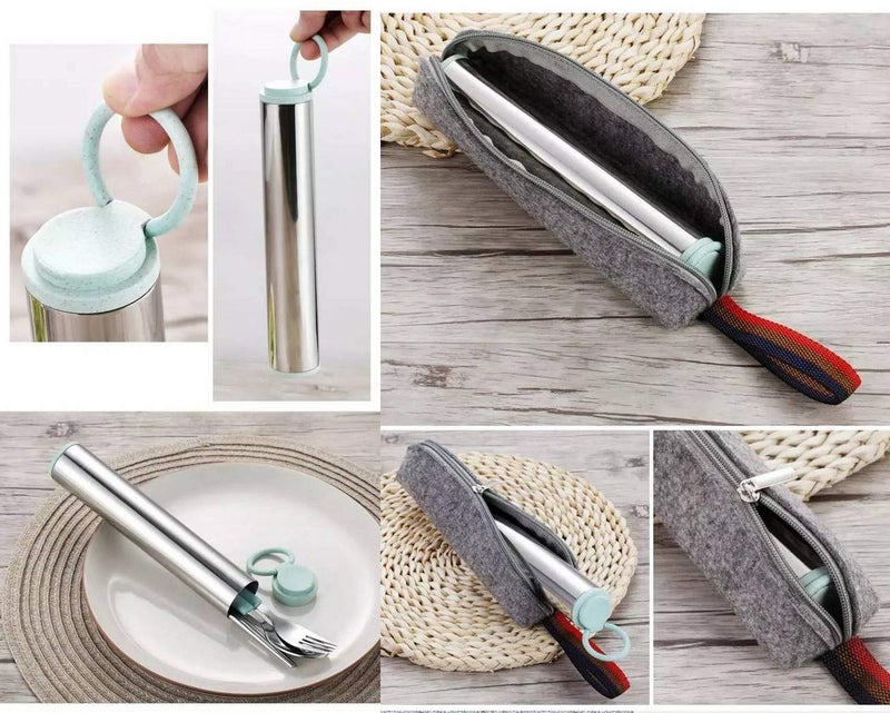 Efillooc Efillooc Stainless Steel Wheat Straw Tableware Set Fork Spoon Chopsticks Box Multi Color Stainless Steel WS Biege 4 Set Bag - Image 4