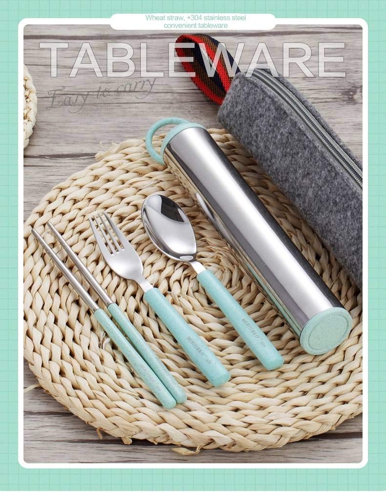 Efillooc Efillooc Stainless Steel Wheat Straw Tableware Set Fork Spoon Chopsticks Box Multi Color Stainless Steel WS Biege 4 Set Bag - Image 2