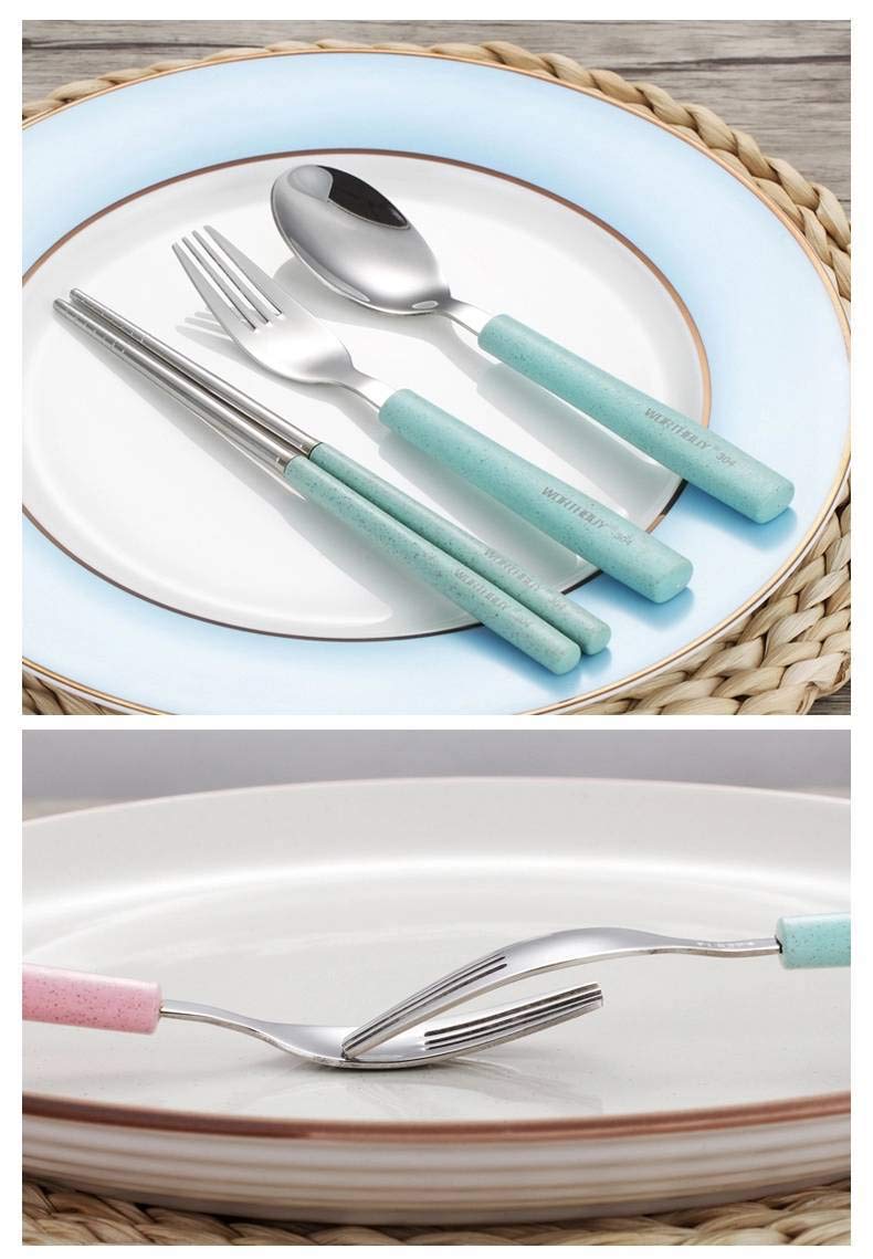 Efillooc Efillooc Stainless Steel Wheat Straw Tableware Set Fork Spoon Chopsticks Box Multi Color Stainless Steel WS Biege 4 Set Bag - Image 3