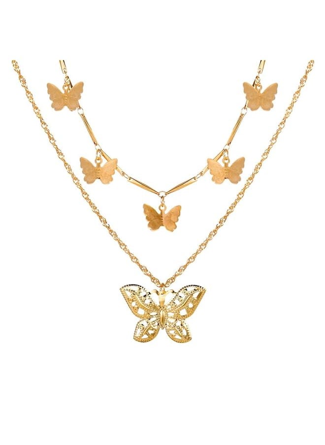 Shining Diva Fashion Latest Layered Non Precious Base Metal Cubic Zirconia Golden Neck Chain Butterfly Pendant Necklace For Women 12143Np  - Image 1