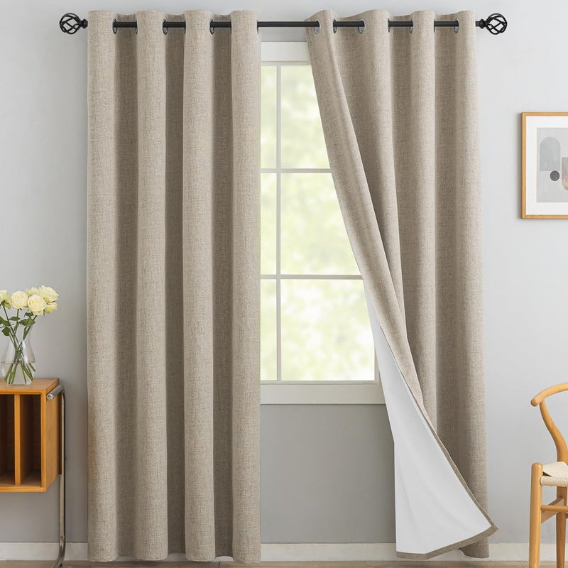 Yakamok Natural Linen Curtains 100% Blackout 84 Inches Long,Room Darkening Textured Curtains for Living Room Thermal Grommet Bedroom Curtains 2 Panels with Greyish White Liner - Image 1