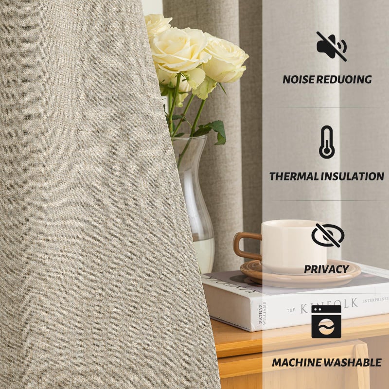Yakamok Natural Linen Curtains 100% Blackout 84 Inches Long,Room Darkening Textured Curtains for Living Room Thermal Grommet Bedroom Curtains 2 Panels with Greyish White Liner - Image 5