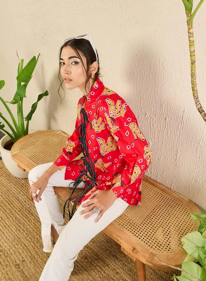 Uptownie Red All Over Print Front Tie-Up Longline Shirt
