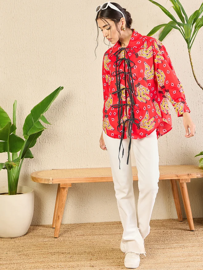 Uptownie Red All Over Print Front Tie-Up Longline Shirt